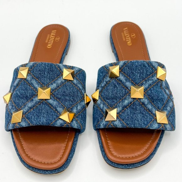 Valentino Garavani Shoes - Valentino Garavani Denim Roman Rock Stud Slides